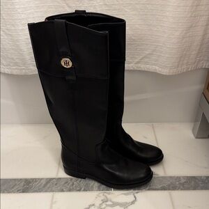 Tommy Hilfiger Black Tall Leather Riding Boots with Gold Logo